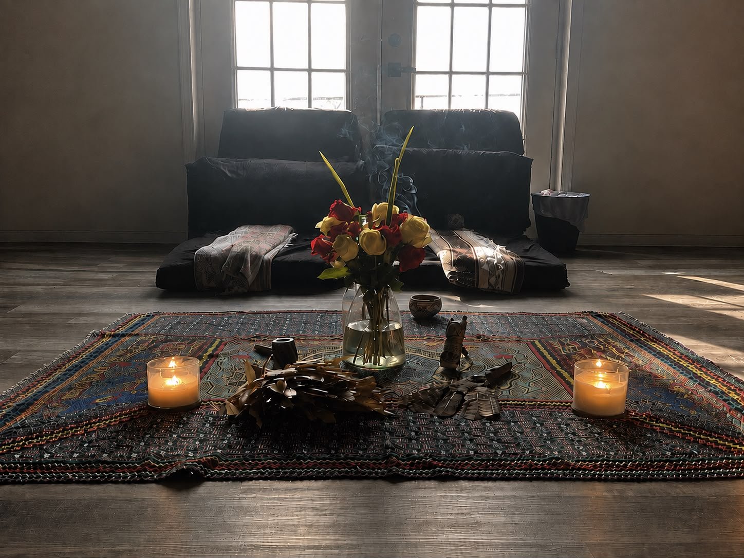 Altar with candles, flowers and Shipibo textiles