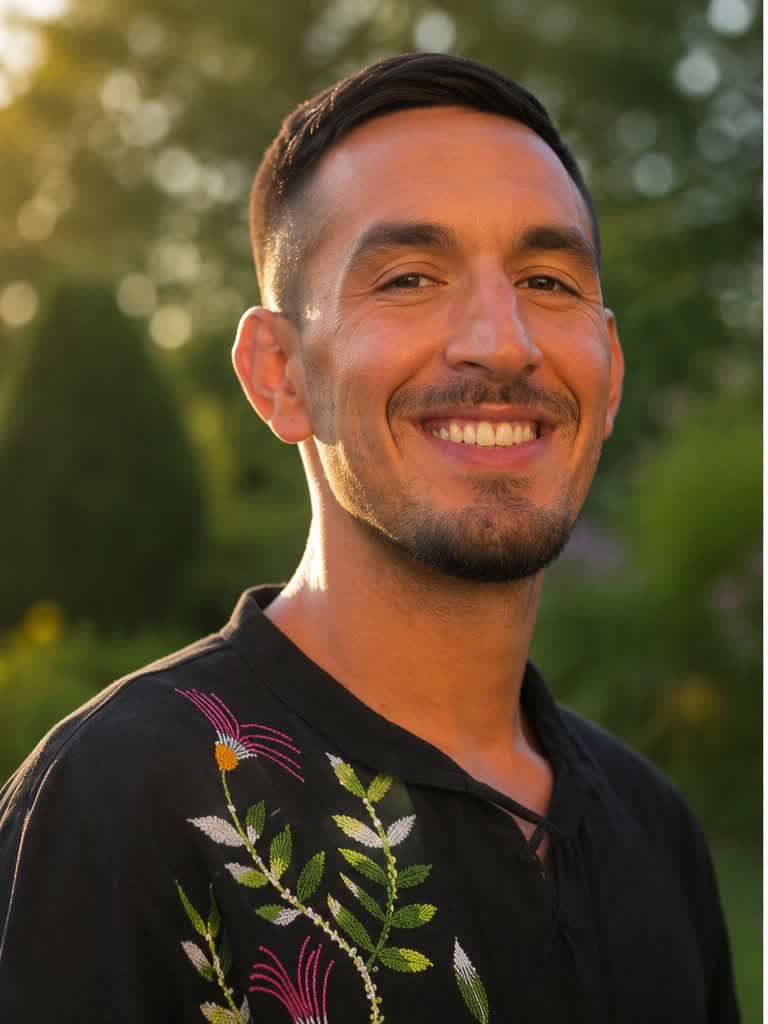 Mark Lorello Jr in an embroidered ceremonial shirt, photographed in the garden