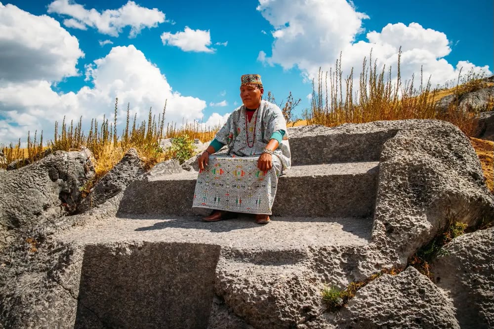 A Shipibo Maestro in a traditional robe in the Peruvian Amazon